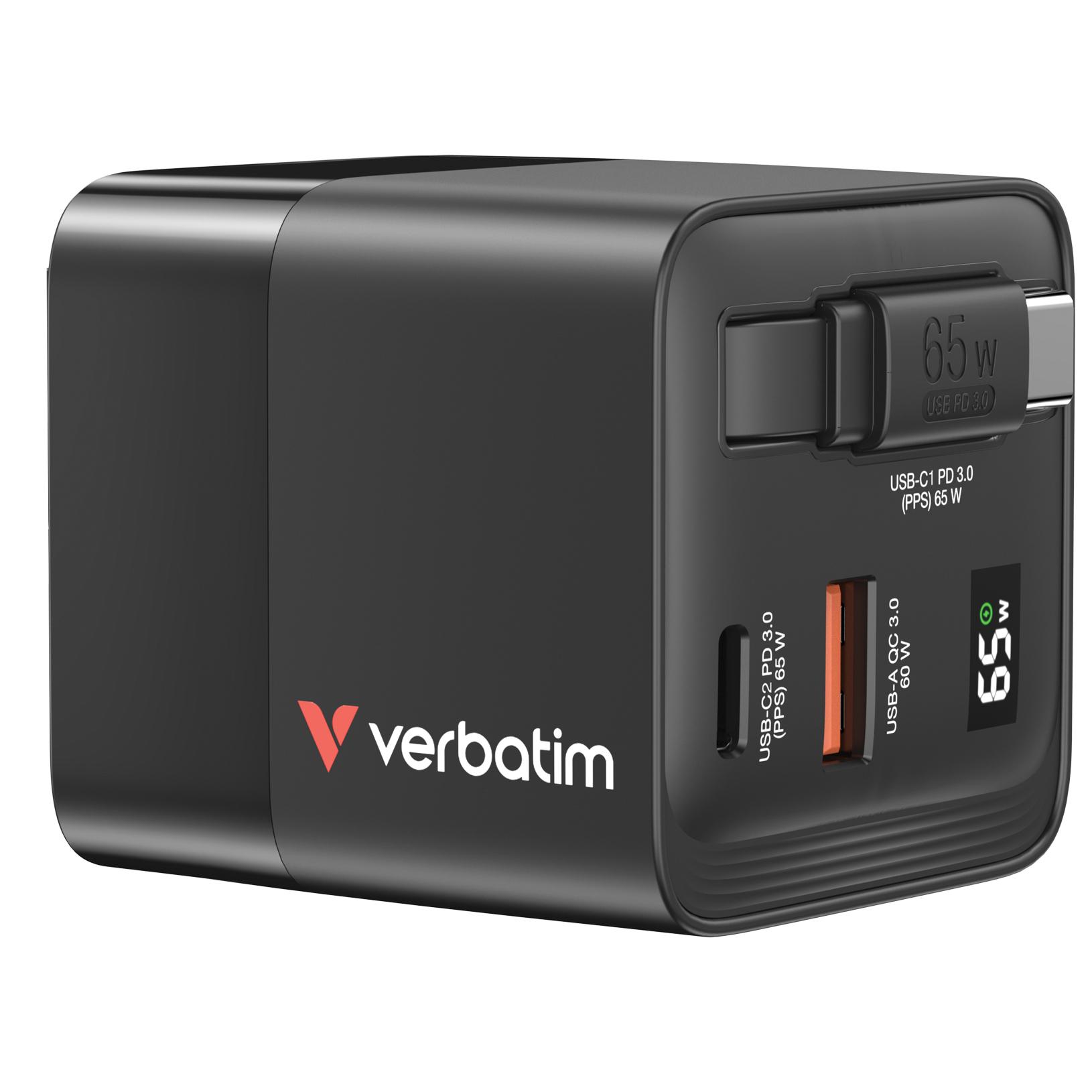 Verbatim Netzteil / Ladegerät 65W 2 Port mit einfahrbarem Kabel / 32217 Schwarz