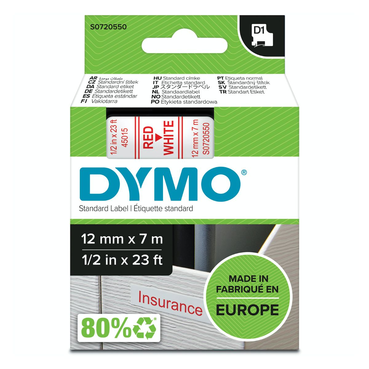 Dymo Cinta 45015 / S0720550 Rojo sobre Blanco